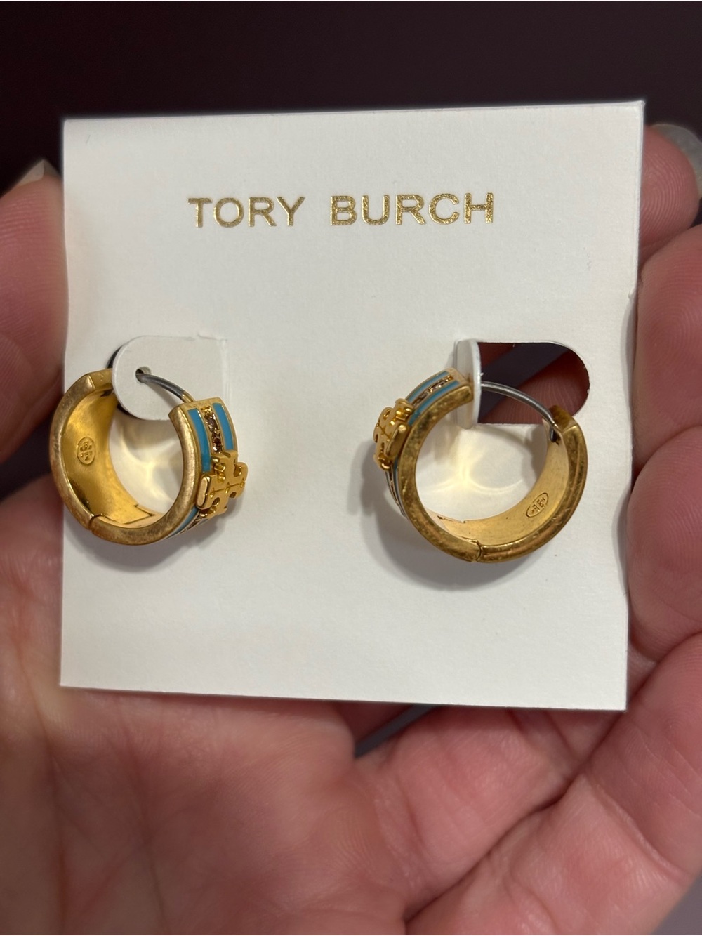 Tory Burch Gold Hoop Earrings with Turquoise Enamel - Picture 3 of 4